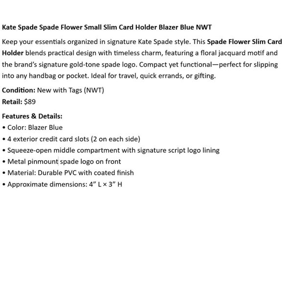 Kate Spade Spade Flower Small Slim Card Holder Blazer Blue NWT - Picture 2 of 4